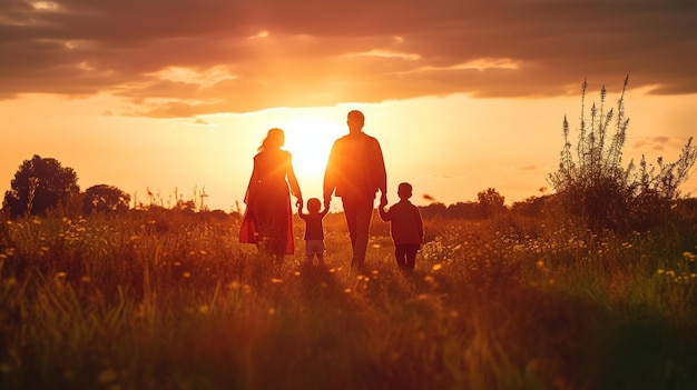 Uma família com silhuetas de dois filhos na hora do pôr do sol na fazenda