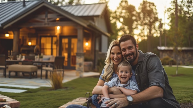 Foto uma família com um bebê e uma casa ao fundo