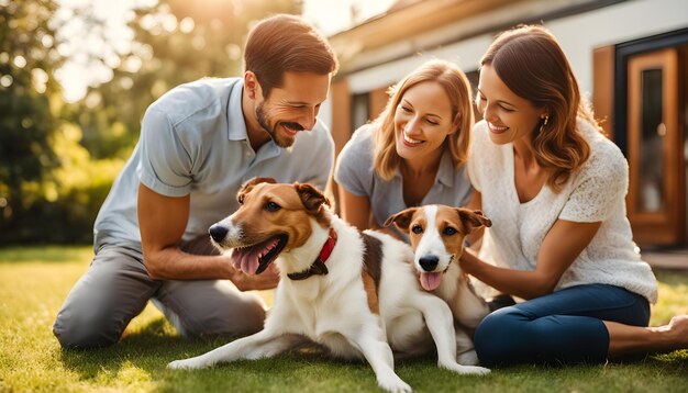 Foto uma família com um cão e o seu cão