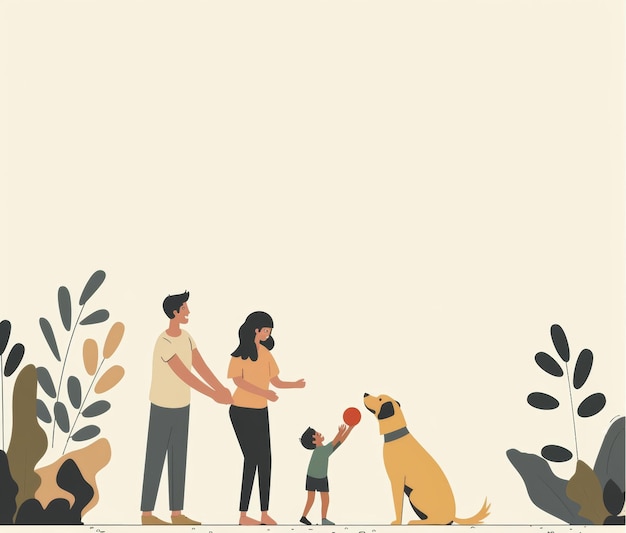uma família com um cão e um cão ao fundo