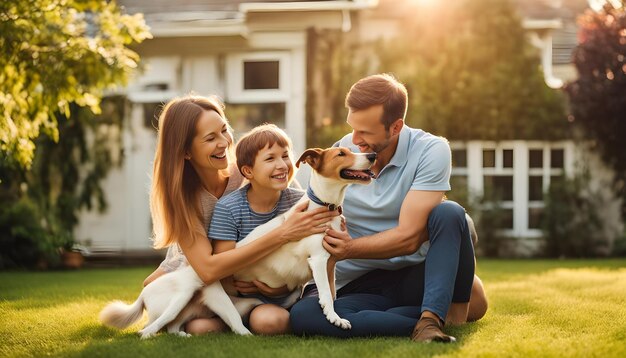 Uma família com um cão e um rapaz sentados na relva.