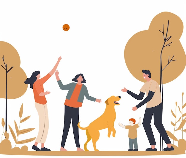 uma família com um cão e uma árvore com as palavras a palavra nele