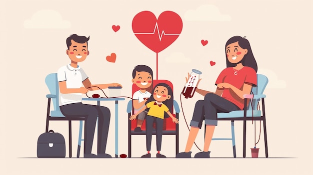 uma família com uma criança e um coração no fundo