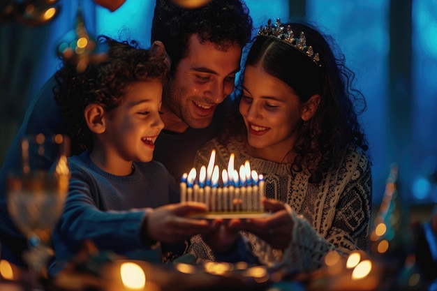 Uma família comemorando um aniversário com um bolo Uma família acendendo a menorá na primeira noite de Hanukkah Gerada por IA