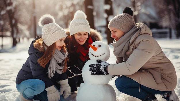 uma família construindo um boneco de neve