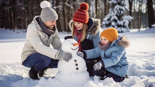 uma família construindo um boneco de neve