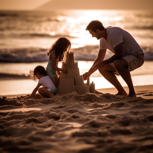 Foto uma família construindo um castelo de areia na praia.