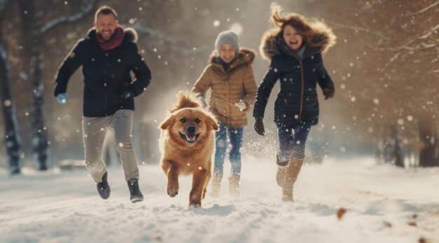 uma família corre pela neve com um cachorro