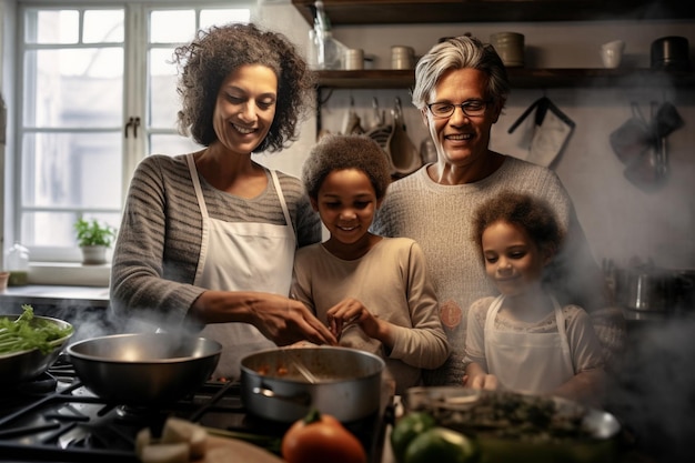 Foto uma família cozinhando juntos em uma cozinha com um fogão e uma panela de comida.