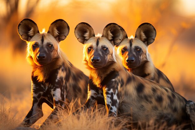 Foto uma família de cães selvagens africanos inspiradores no seu habitat natural numa aventura de safári