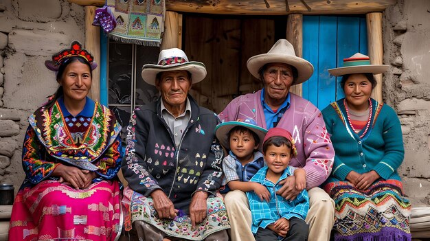 Foto uma família de cinco pessoas está sentada em um banco na frente de sua casa