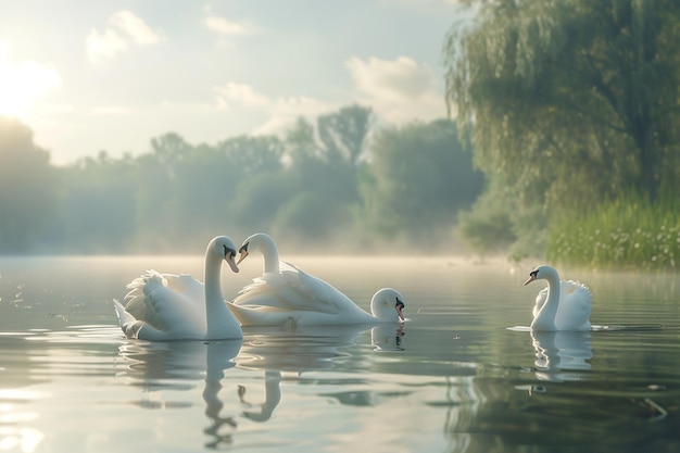 Uma família de cisnes deslizando graciosamente em um lago oct