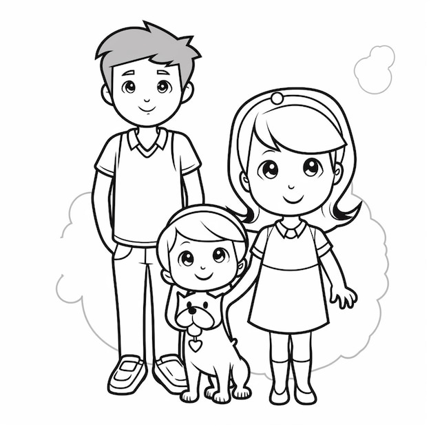 Foto uma família de desenho animado com um cachorro e um gato para colorir página generativa ai