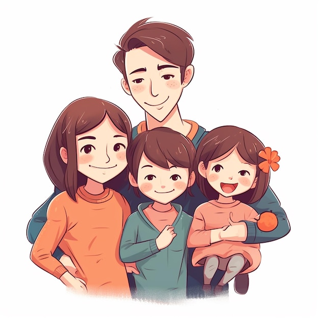 Uma família de desenho animado com uma menina e um menino segurando uma menina.