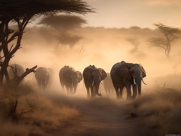 Uma família de elefantes cruzando o Serengeti