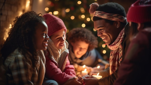 Uma família de etnia afro-americana está sentada em uma sala vestindo roupas de inverno e olhando um para o outro com sorrisos em seus rostos Há uma árvore de Natal no fundo