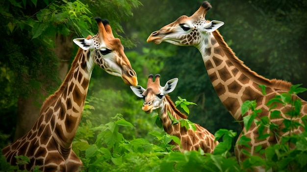 Uma família de girafas na selva com folhas verdes