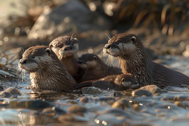 Uma família de lontras brincando em um riacho