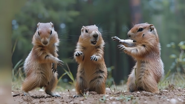 Uma família de marmotas brincando juntas em um campo gramado caindo e lutando uns com os outros em um