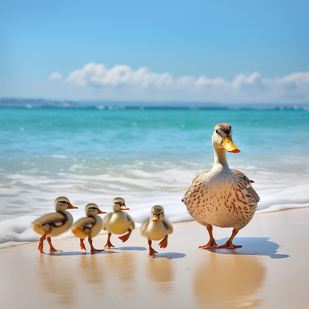 Foto uma família de patos correndo ao longo da praia