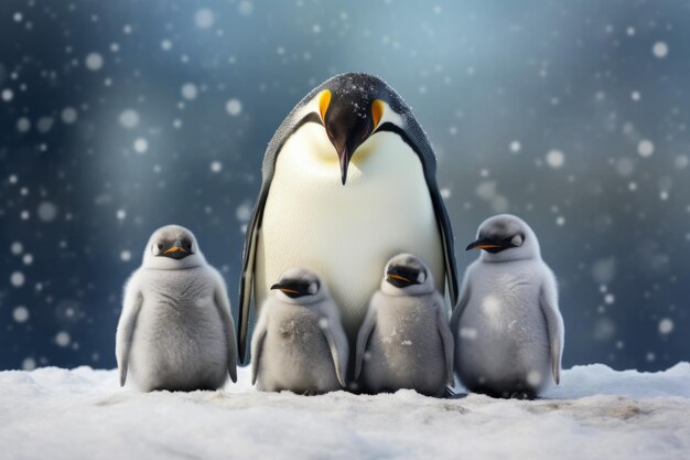 Uma família de pinguins passeando pelas costas geladas da Antártida Uma família de pingüins amontoada