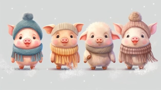 Uma família de porcos de desenho animado usando um chapéu e cachecol