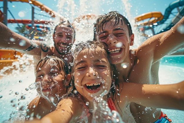 Uma família de quatro pessoas está desfrutando de um dia em um parque aquático com duas meninas