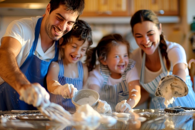 Uma família de quatro pessoas está fazendo uma sobremesa juntos na cozinha