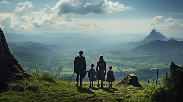 Uma família de quatro pessoas está na montanha admirando a vista