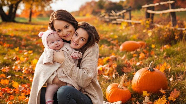 Foto uma família de três mulheres está posando para uma foto em um patch de abóbora