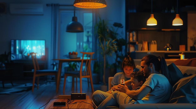 Foto uma família de três pessoas está sentada em um sofá em sua sala de estar. eles estão vendo tv. a sala está escura e a única luz vem da tv e de uma lâmpada.