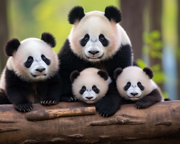 uma família de ursos pandas com filhotes nas costas