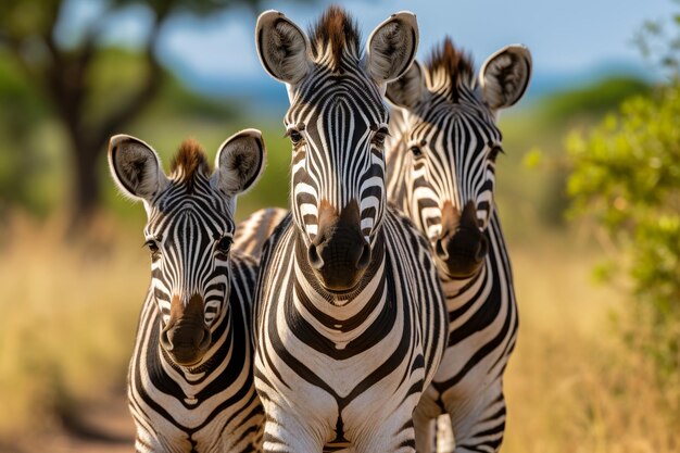 Uma família de zebras atravessando a savana em meio a um vibrante cenário de safári no deserto africano