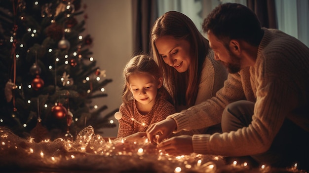 Uma família decorando uma árvore de natal com luzes