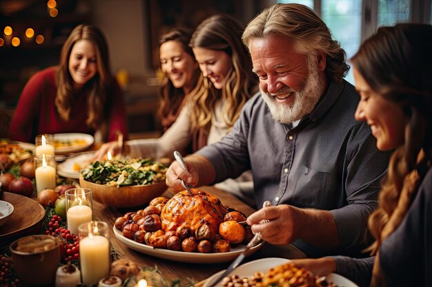 Foto uma família desfrutando de um jantar de ação de graças na mesa de jantar com velas em cada lado e um homem segurando um garfo na boca