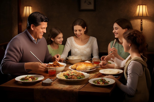 Uma família desfrutando de uma refeição indiana festiva