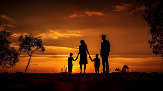 Uma família em frente a um pôr do sol com o sol se pondo atrás deles