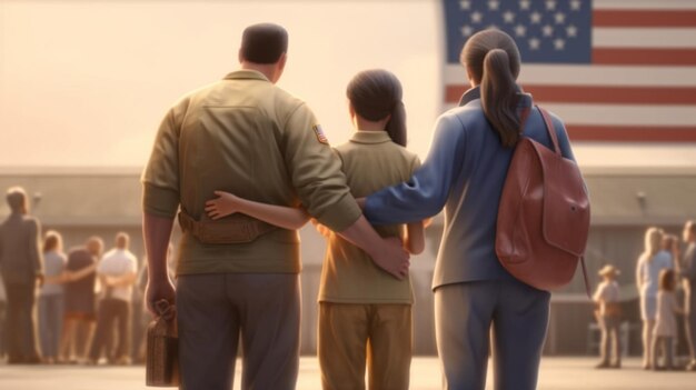 Foto uma família em frente a uma bandeira que diz 'o soldado'