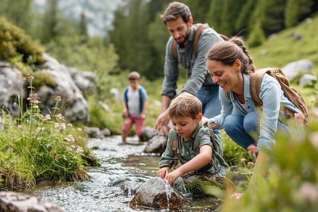 Uma família envolvida em atividades ao ar livre com foco na presença Momentos na natureza no rio