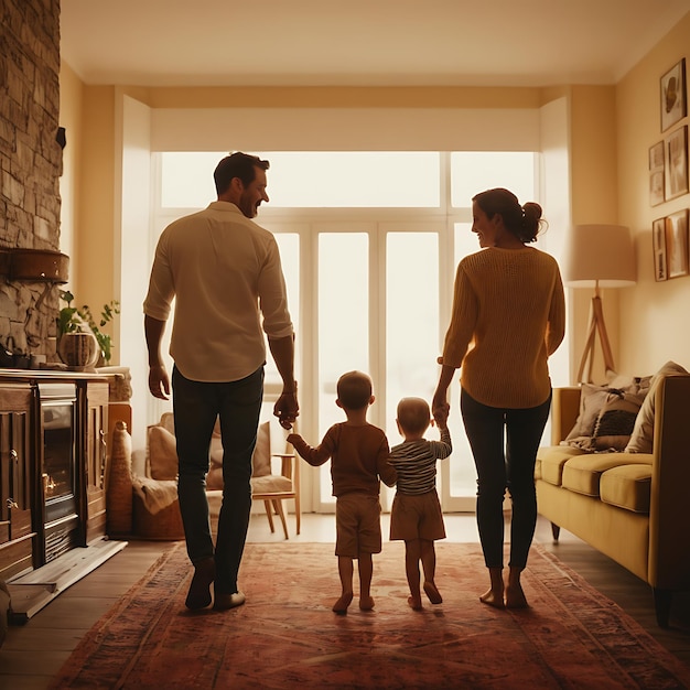 uma família está de pé numa sala de estar com uma lareira