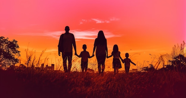 Uma família está em um campo ao pôr do sol.