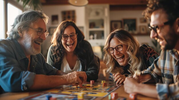 Uma família está jogando um jogo de tabuleiro juntos eles estão todos rindo e se divertindo o jogo está na mesa há dois adultos e duas crianças