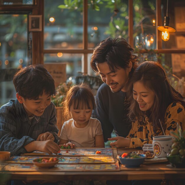 uma família está jogando um jogo em uma mesa com um sinal que diz "quot family quot"