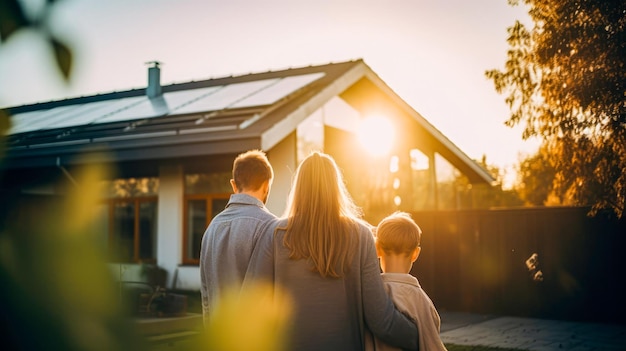 Uma família está na frente de sua casa, o sol brilha no telhado de uma casa.