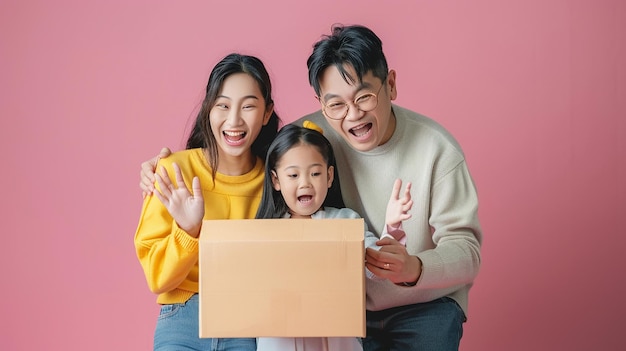 Foto uma família está olhando para uma caixa que diz 