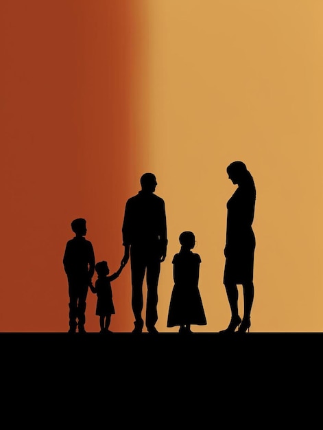 Foto uma família está parada em frente a uma parede com uma criança e uma mulher parada na frente deles.