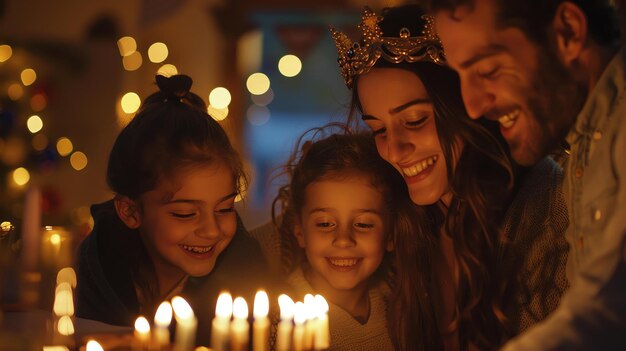 Uma família está reunida em torno de uma mesa acendendo velas os pais estão sorrindo e as crianças estão olhando para as velas em admiração