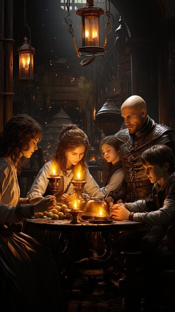 uma família está reunida em torno de uma mesa com uma vela que diz a palavra sobre ela