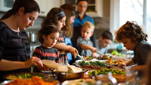 Uma família está reunida na cozinha preparando uma refeição juntos