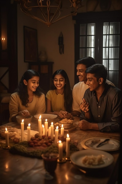 Uma família está sentada à mesa com um prato de comida e uma vela acesa.